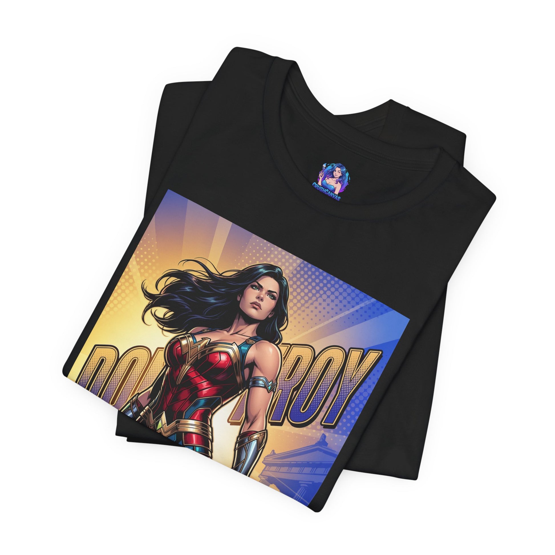 Donna Troy T-Shirt | DC Comics Anime Tee for Gamers & Fans showing Donna Troy in Amazon armor with glowing lasso on Bella Canvas tee