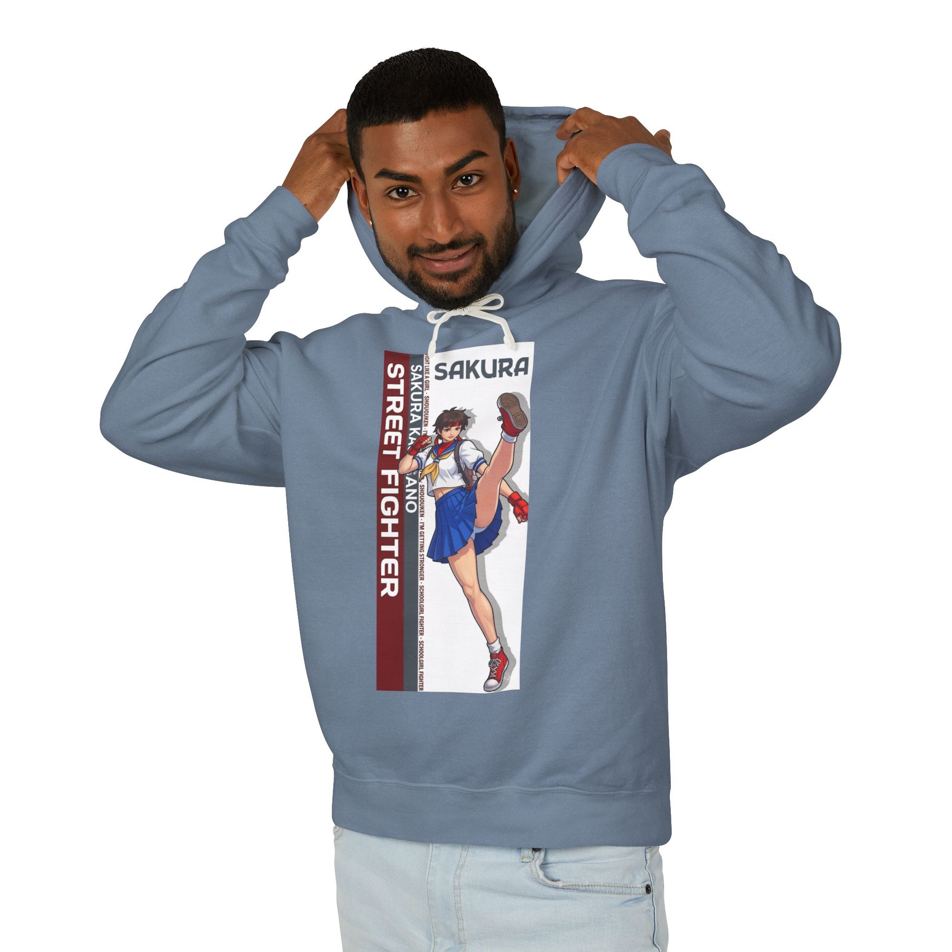 Sakura Hoodie | Street Fighter Hoodie | Anime Martial Artist Pullover - model wearing light blue hoodie with Sakura illustration