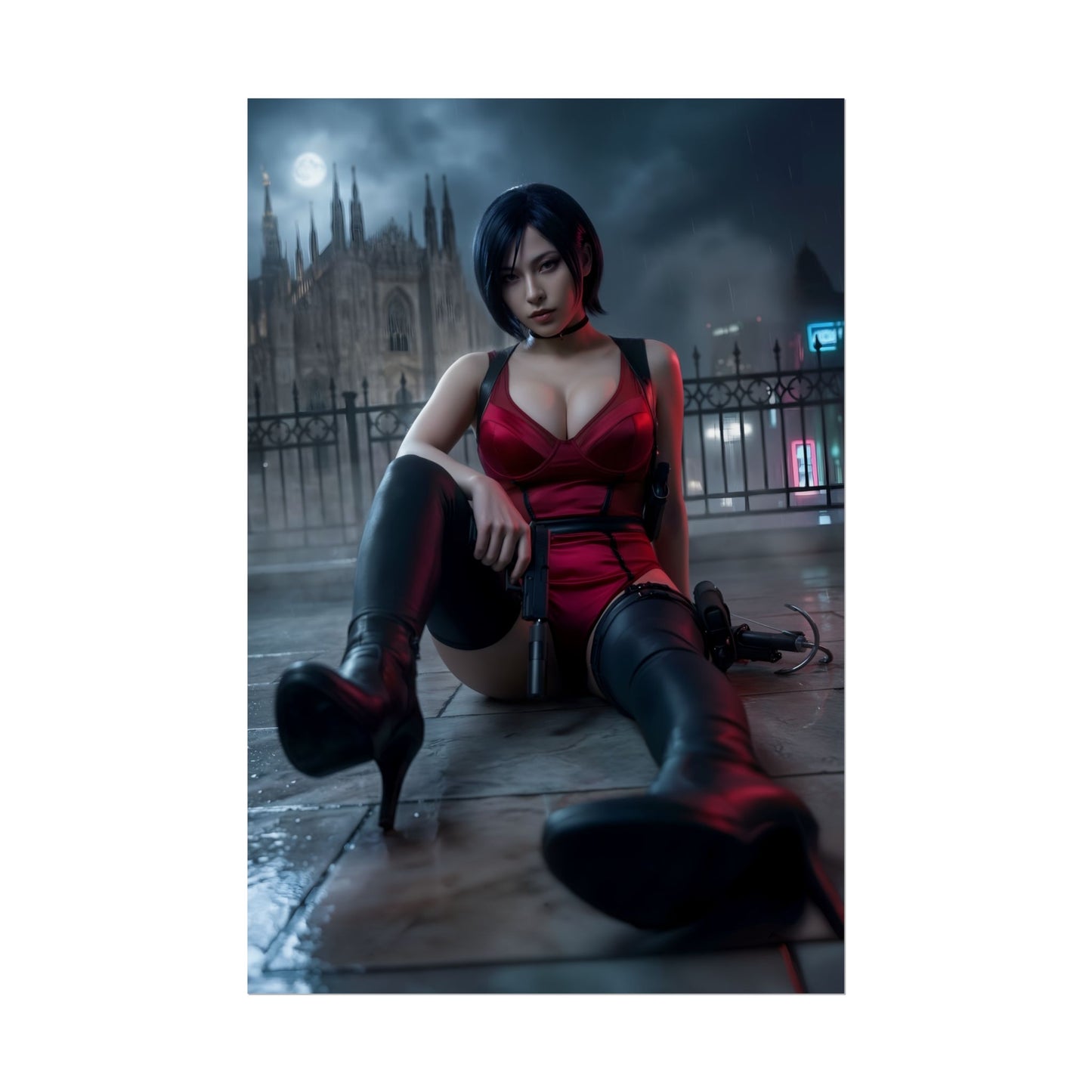 Ada Wong Poster / Ada Wong Wall Art / Ada Wong Art Print / Resident Evil Poster - cinematic rain-soaked image of Ada Wong seated with weapons under moonlight