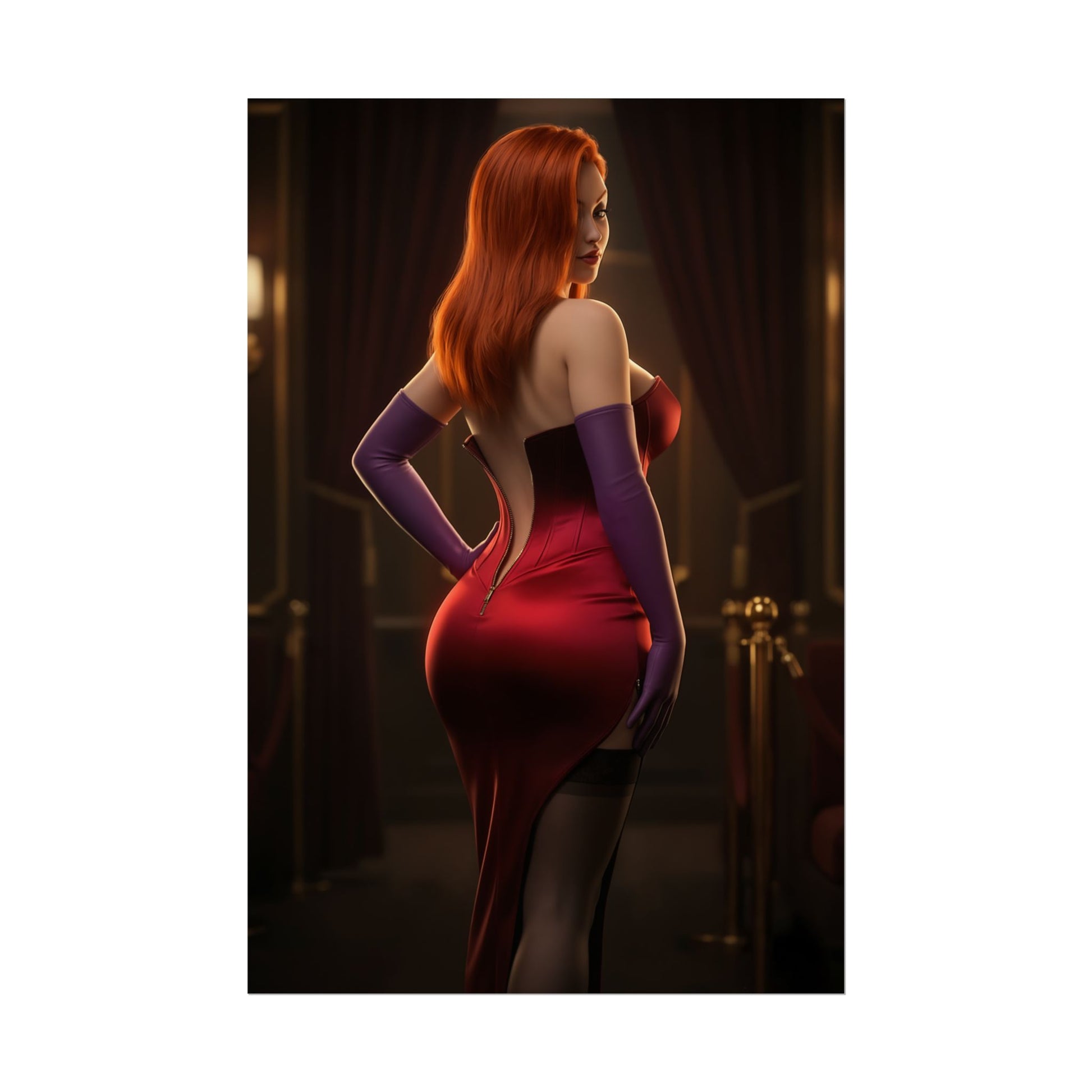 Jessica Rabbit Poster, Classic Animation Art Print – Iconic Femme Fatale, premium wall art of red-dressed femme fatale in glamorous theater setting