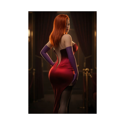 Jessica Rabbit Poster, Classic Animation Art Print – Iconic Femme Fatale, premium wall art of red-dressed femme fatale in glamorous theater setting