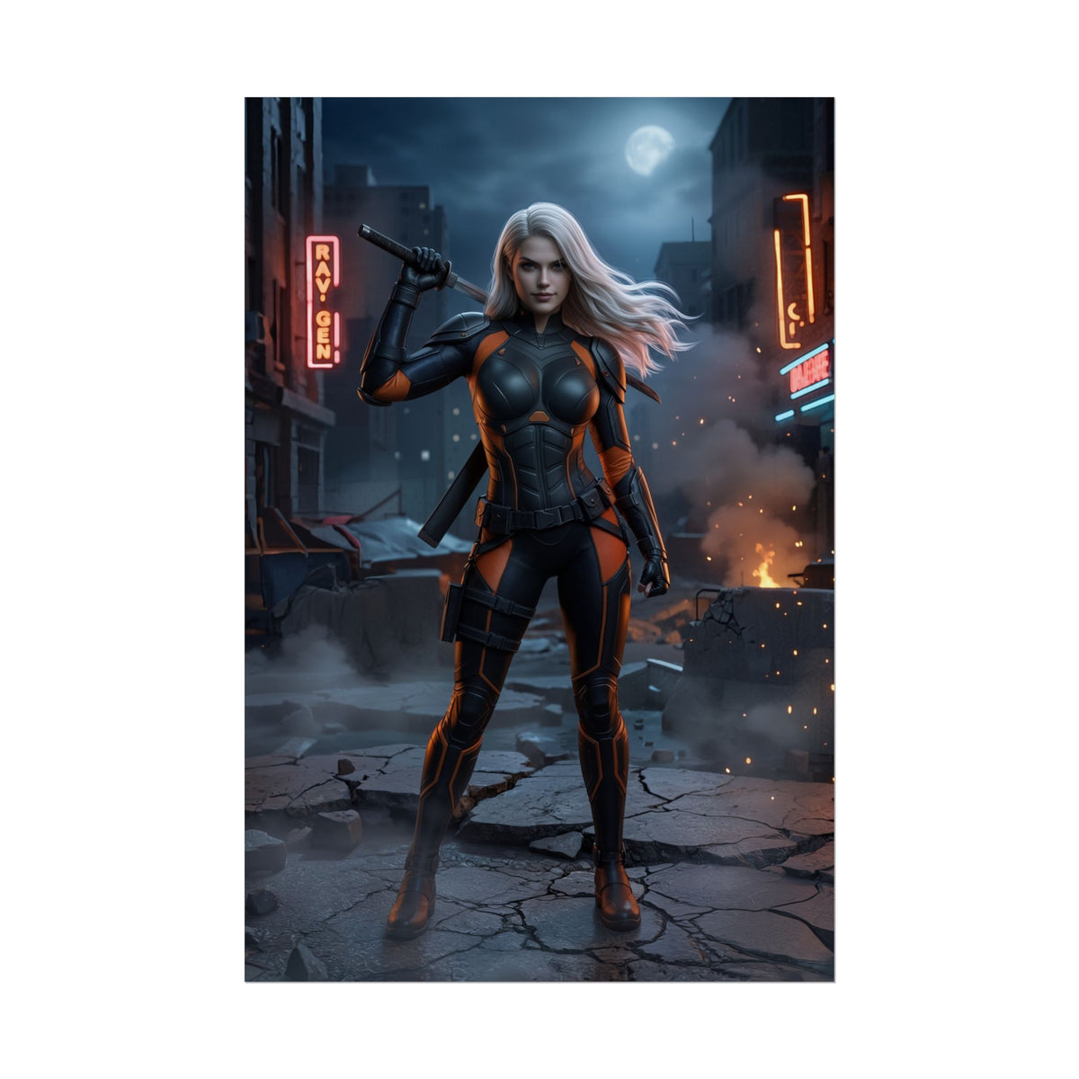 Ravager Poster, DC Comics Art Print  Vigilante Wall Art featuring female armored vigilante with sword in smoky neon city night