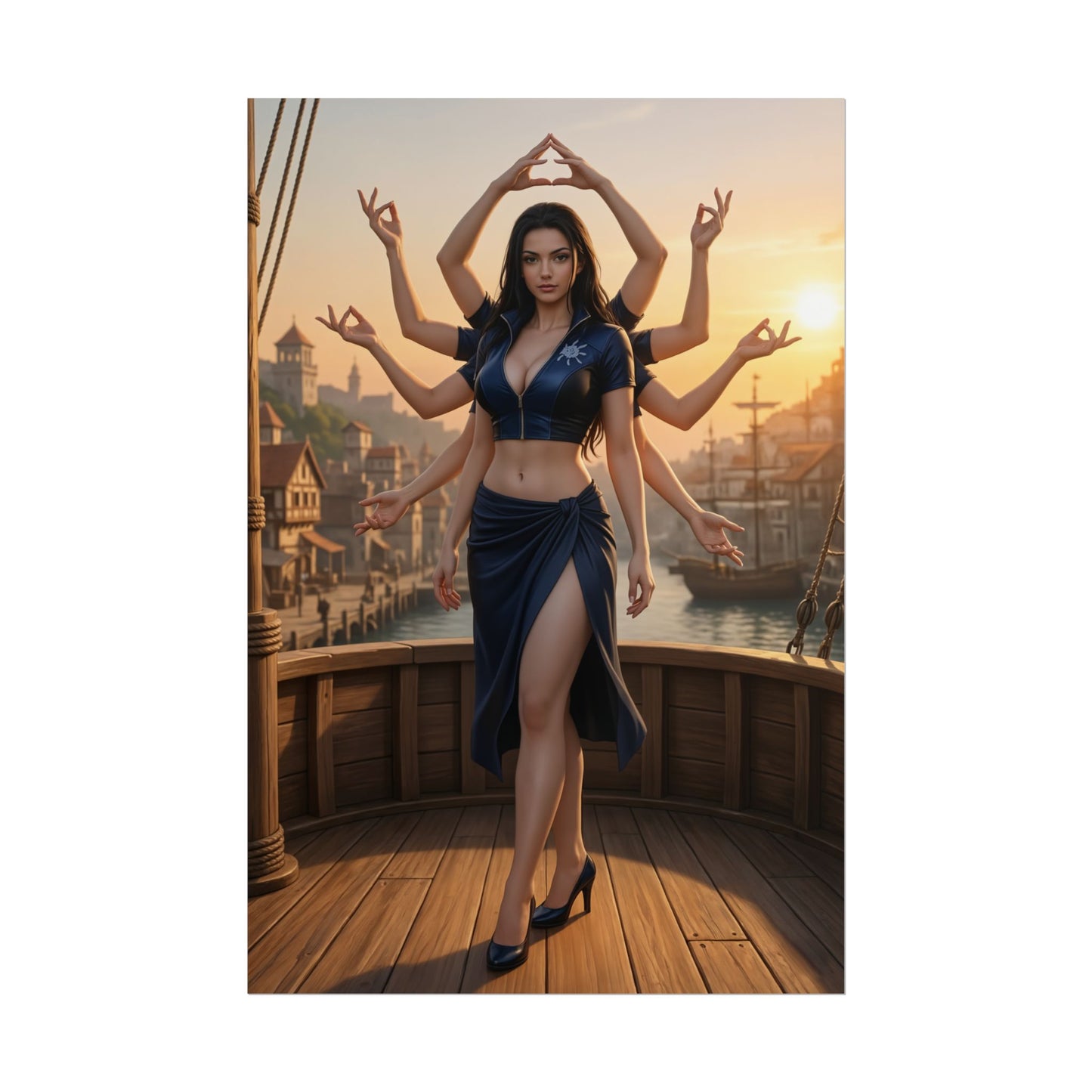 Nico Robin Poster, One Piece Art Print, Iconic Archaeologist Character – stylized poster of Nico Robin with multiple arms on a ship deck at sunset, elegant modern decor