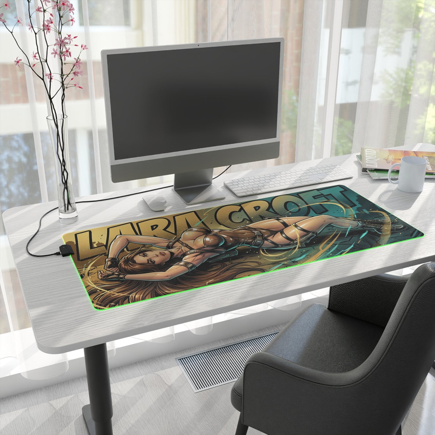 Lara Croft RGB Desk Mat, Adventure Game Gaming Mouse Pad, LED Desk Mat for Gamer Setup showing illustrated Lara Croft on a large RGB gaming mouse pad