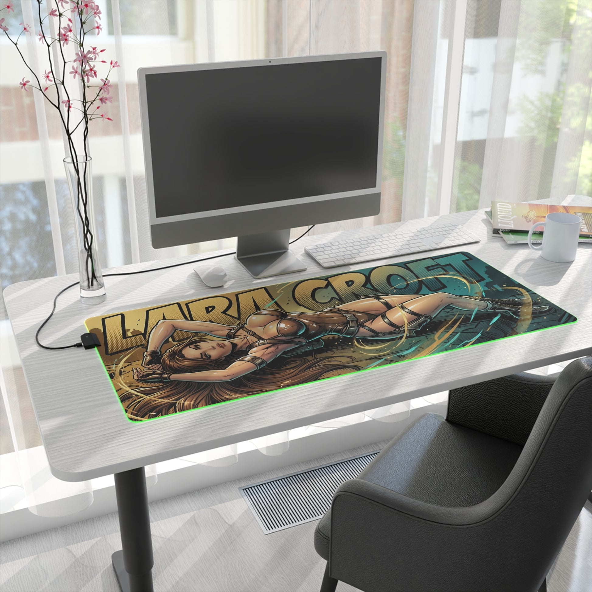 Lara Croft RGB Desk Mat, Adventure Game Gaming Mouse Pad, LED Desk Mat for Gamer Setup showing illustrated Lara Croft on a large RGB gaming mouse pad