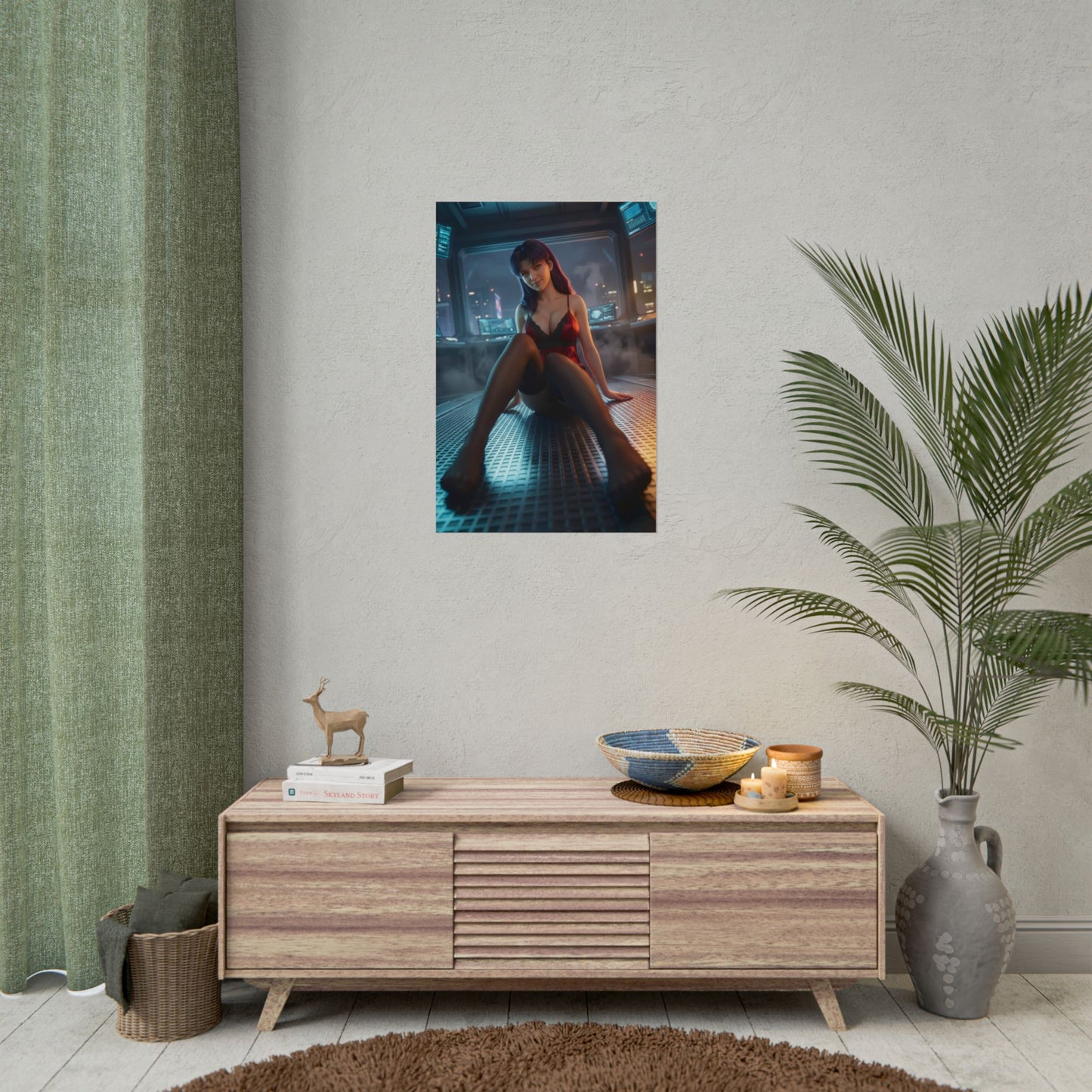 Misato Katsuragi Poster / Misato Katsuragi Wall Art / Misato Katsuragi Art Print / Evangelion Poster - cinematic Misato in futuristic interior, confident relaxed pose