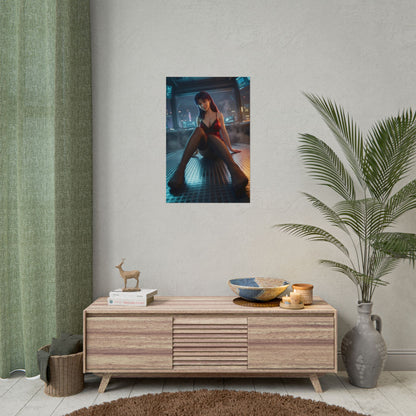 Misato Katsuragi Poster / Misato Katsuragi Wall Art / Misato Katsuragi Art Print / Evangelion Poster - cinematic Misato in futuristic interior, confident relaxed pose