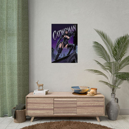 Catwoman Poster / Catwoman Wall Art / Catwoman Art Print / DC Comics Poster - sleek night scene of Catwoman perched above city, glossy highlights, femme fatale style