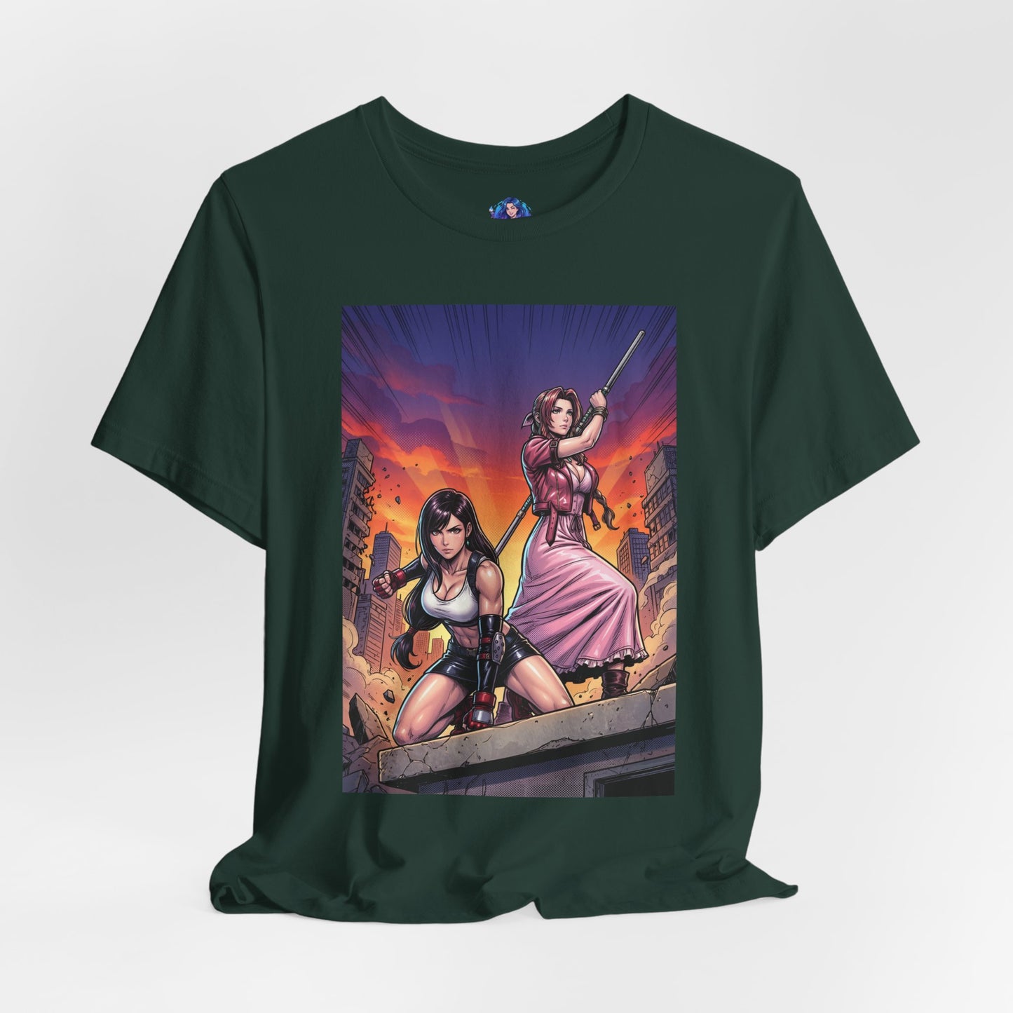 Tifa Lockhart and Aerith Gainsborough T-Shirt | Final Fantasy Duo Anime Tee — anime-style duo in urban battle on Bella Canvas tee