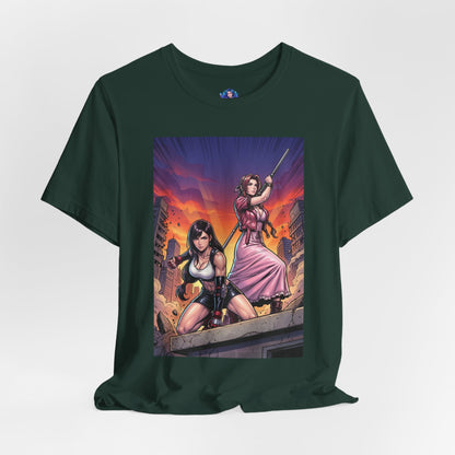 Tifa Lockhart and Aerith Gainsborough T-Shirt | Final Fantasy Duo Anime Tee — anime-style duo in urban battle on Bella Canvas tee