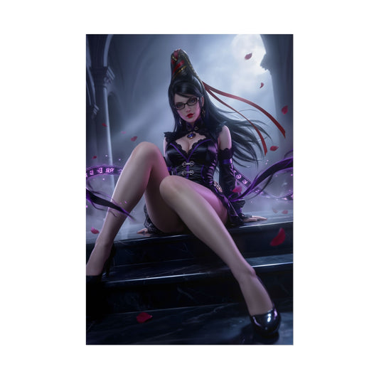 Bayonetta Poster / Bayonetta Wall Art / Bayonetta Art Print / Bayonetta Game Poster - dramatic dark fantasy Bayonetta sitting on steps with flowing ribbons