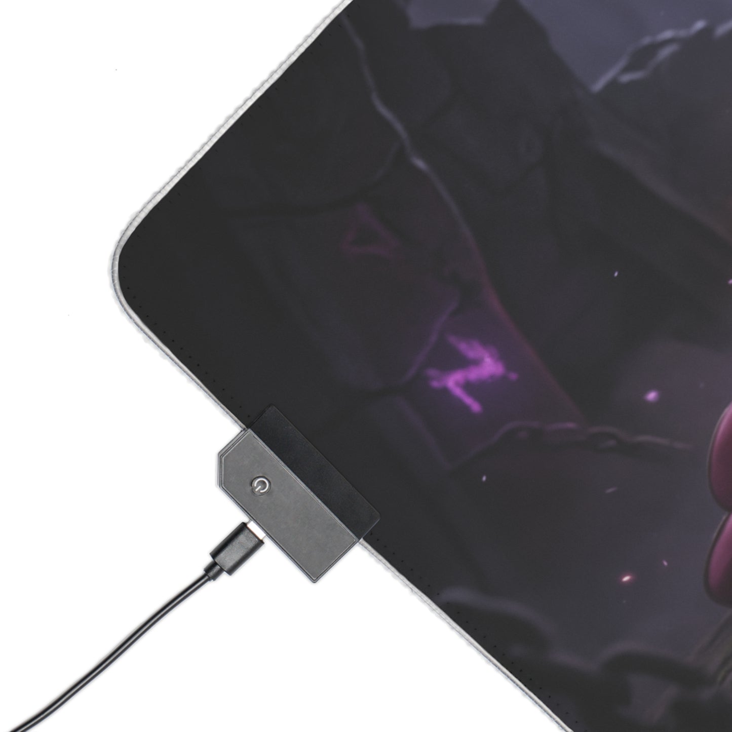 Mileena Desk Mat – LED RGB Pad, Waifu Assassin Anime Girl Setup corner showing USB LED controller and dark purple design
