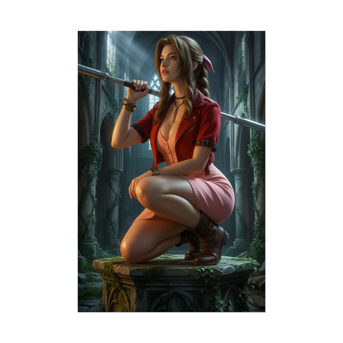 Aerith Gainsborough Poster, Final Fantasy VII Art Print, Iconic RPG Hero  detailed poster of Aerith kneeling in a ruined cathedral, soft light and floral accents
