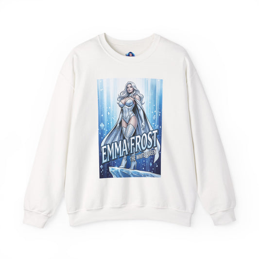 Emma Frost Sweatshirt, Marvel Crewneck, White Queen Premium Fan Apparel — white crewneck with comic-style Emma Frost artwork and diamond motif