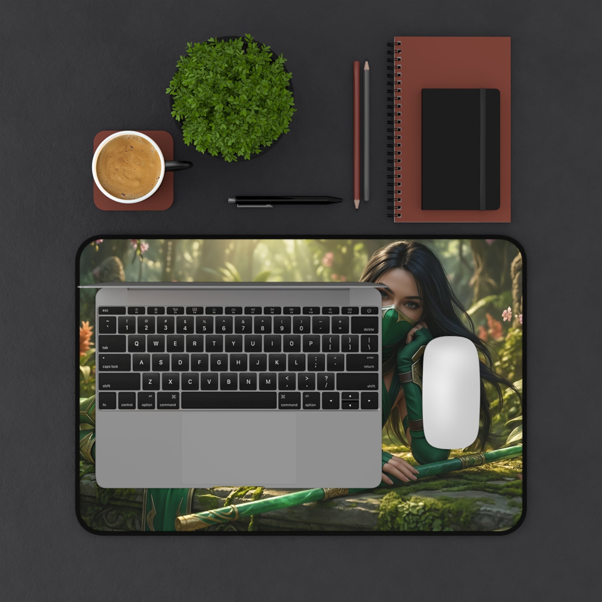 Jade Gaming Mouse Pad, Mortal Kombat Desk Mat, Green Ninja Fighter Setup — overhead desk mat with Jade artwork under laptop and mouse