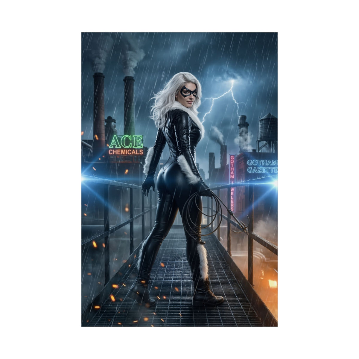 Black Cat Poster, Marvel Art Print  Iconic Comic Anti-Heroine Wall Art  high-res Black Cat in rainy Gotham rooftop, semi-gloss print