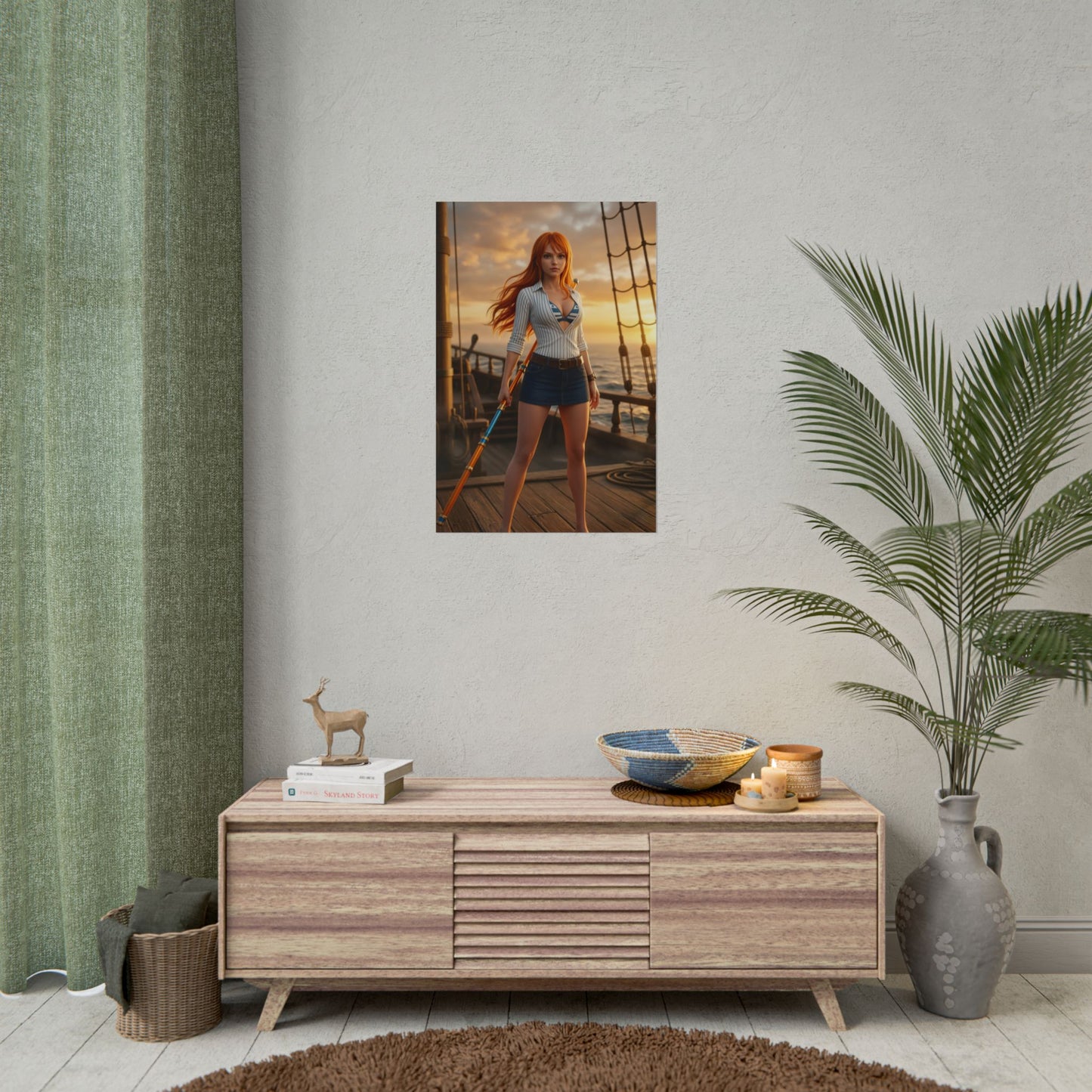 Nami Poster One Piece Wall Art Print Anime Room Decor featuring Nami on a ship deck at sunset with golden lighting and ocean backdrop