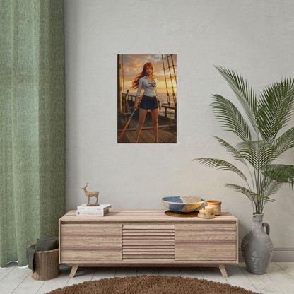 Nami Poster One Piece Wall Art Print Anime Room Decor featuring Nami on a ship deck at sunset with golden lighting and ocean backdrop
