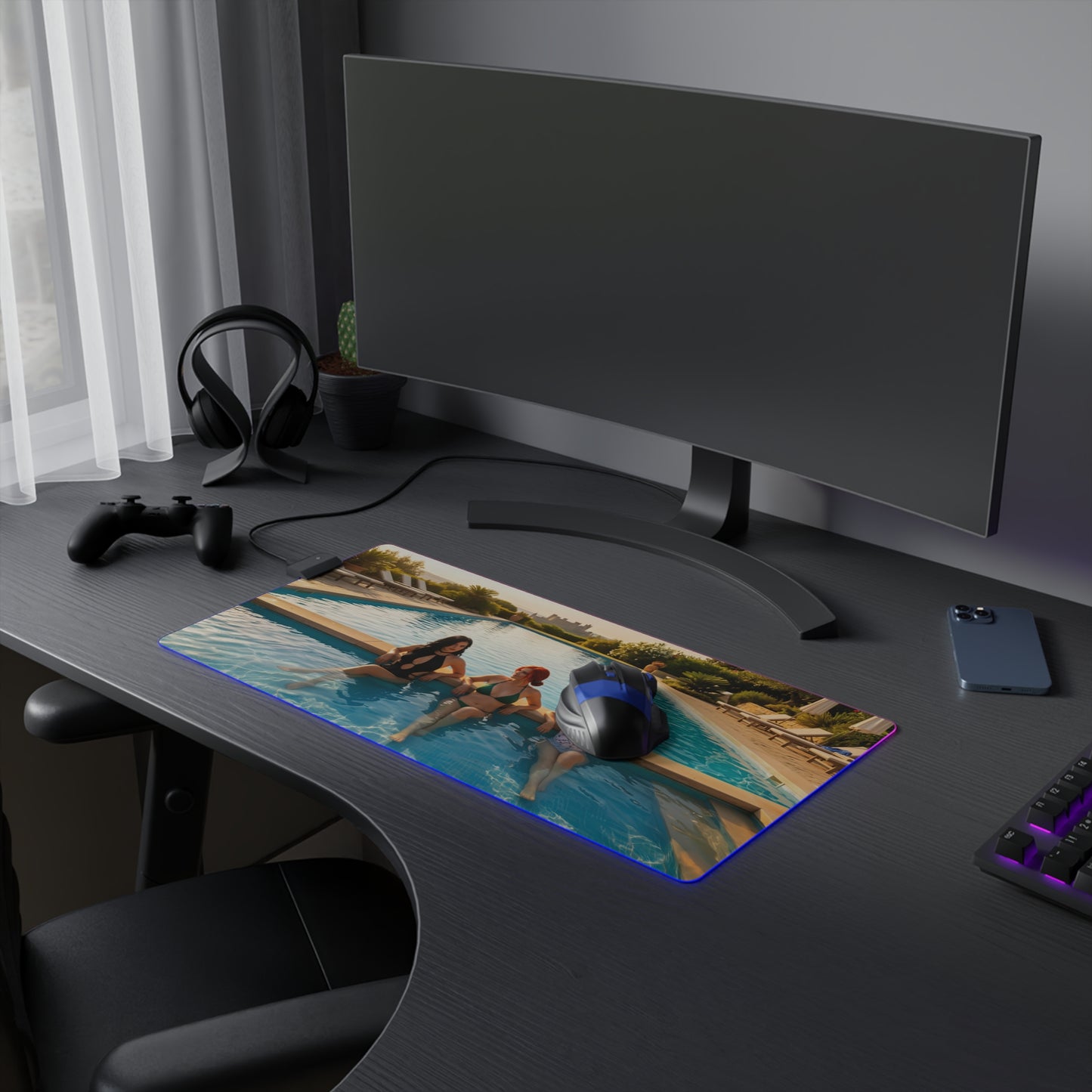 Ciri, Triss Merigold & Yennefer Desk Mat – LED RGB Pad featuring trio artwork on a gaming desk with PC mouse and RGB lighting
