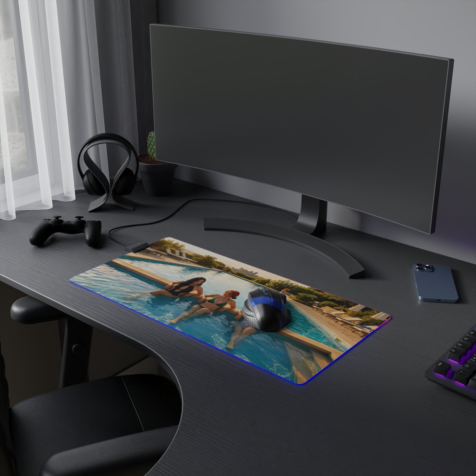 Ciri, Triss Merigold & Yennefer Desk Mat – LED RGB Pad featuring trio artwork on a gaming desk with PC mouse and RGB lighting