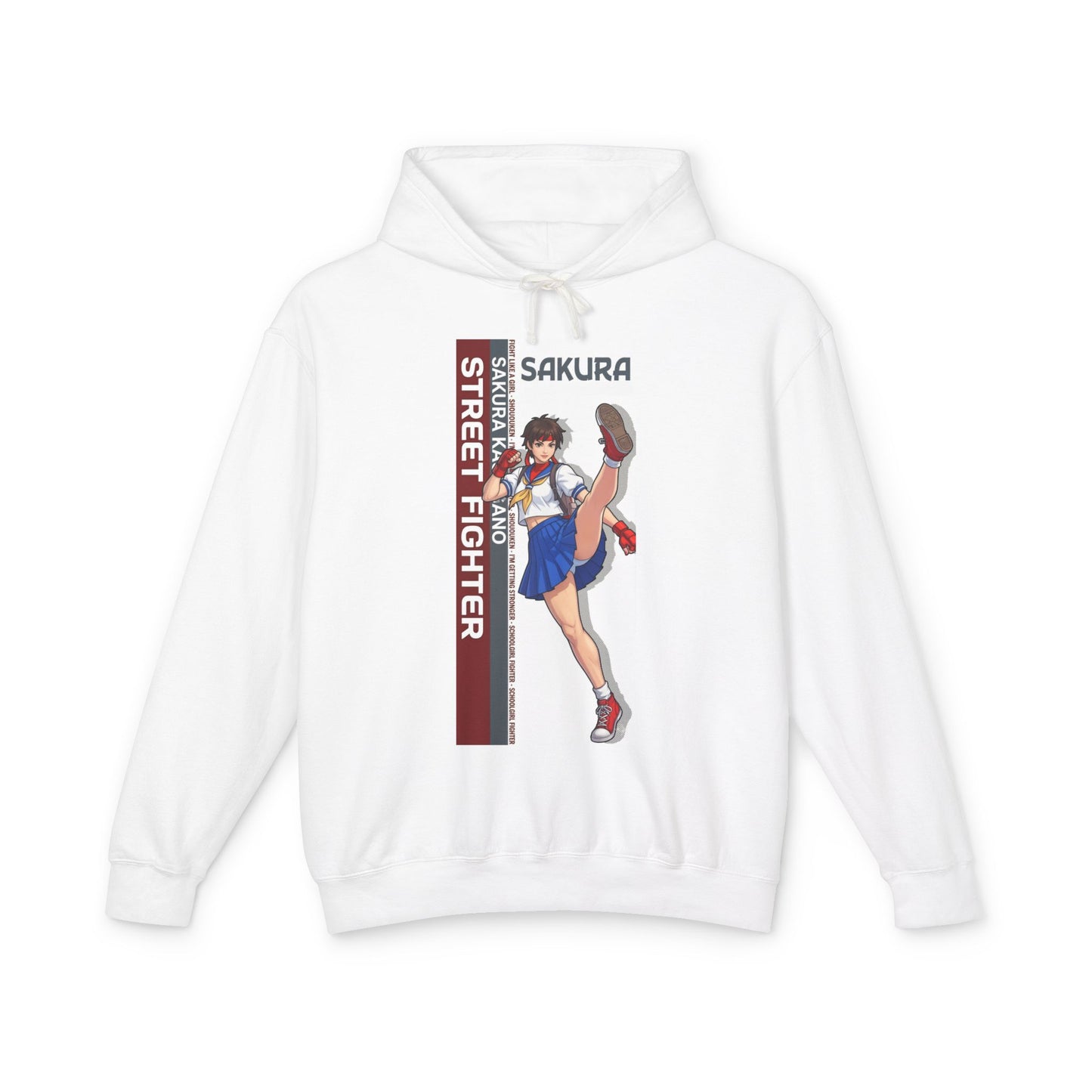Sakura Hoodie | Street Fighter Hoodie | Anime Martial Artist Pullover - white hoodie with dynamic Sakura kicking illustration