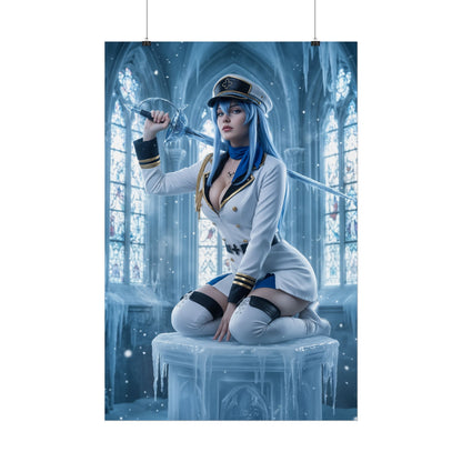 Esdeath Poster, Akame ga Kill Art Print, Iconic Ice General Wall Decor - commanding Esdeath cosplay art in icy cathedral setting