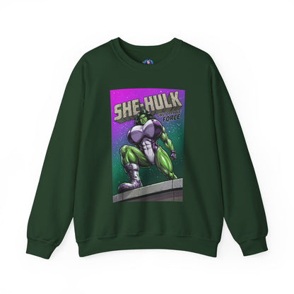 She-Hulk Sweatshirt, Comic Character Art, Premium Fan Apparel — dark green crewneck with bold She-Hulk illustration and dynamic comic shading