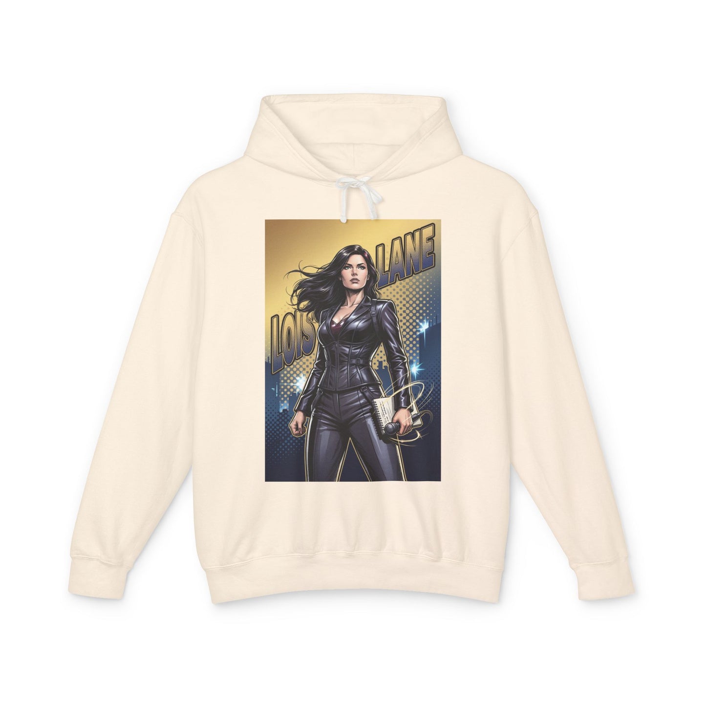 Lois Lane Hoodie | DC Comics Hoodie | Fearless Reporter Pullover front view cream pullover with comic-style Lois Lane graphic, soft cotton relaxed fit