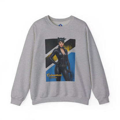 Catwoman Sweatshirt, DC Comics Crewneck, Sleek Superhero Apparel for Fans — gray crewneck with iconic Catwoman graphic and sleek black costume