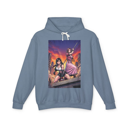 Tifa & Aerith Hoodie | Final Fantasy Heroine Hoodie | Legendary Duo Pullover - blue streetwear pullover featuring Tifa and Aerith artwork on front