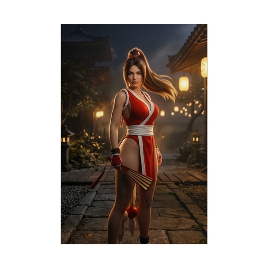 Mai Shiranui Poster Fatal Fury Wall Art Print Gaming Room Decor showing Mai in red kimono with fan, lantern-lit cinematic traditional courtyard scene