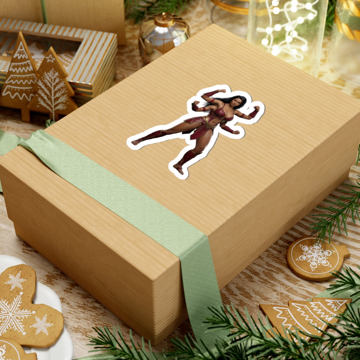 Sheeva Sticker – Mortal Kombat Vinyl Sticker for Laptops & Indoor Decor on gift-wrapped box, glossy durable vinyl decal showcasing Sheeva artwork