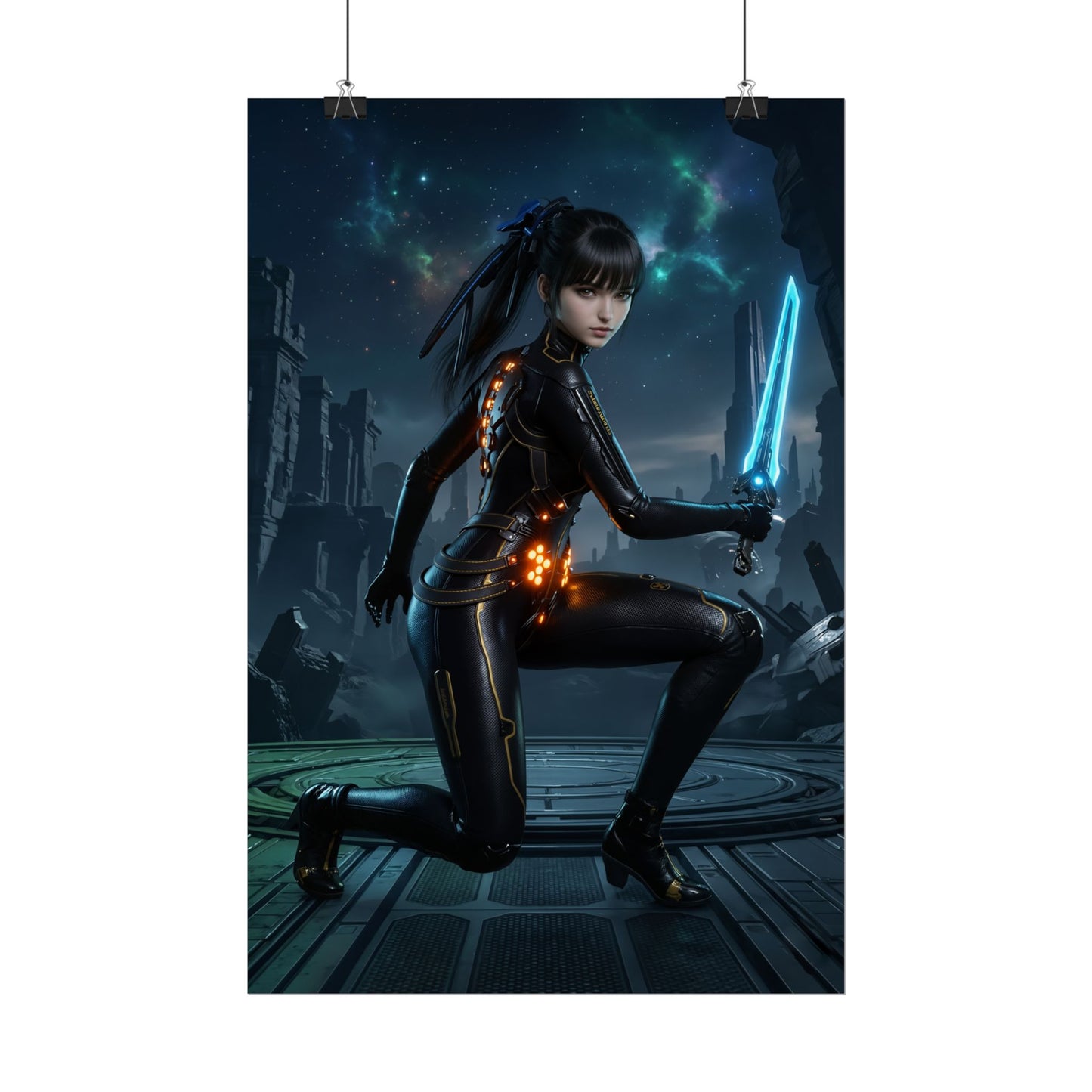 EVE Poster, Stellar Blade Art Print, Legendary Android Warrior kneeling with glowing sword in sci‑fi ruins—futuristic gaming room wall art