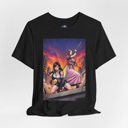 Tifa Lockhart and Aerith Gainsborough T-Shirt | Final Fantasy Duo Anime Tee front view showing dynamic anime illustration of Tifa and Aerith in urban battle scene