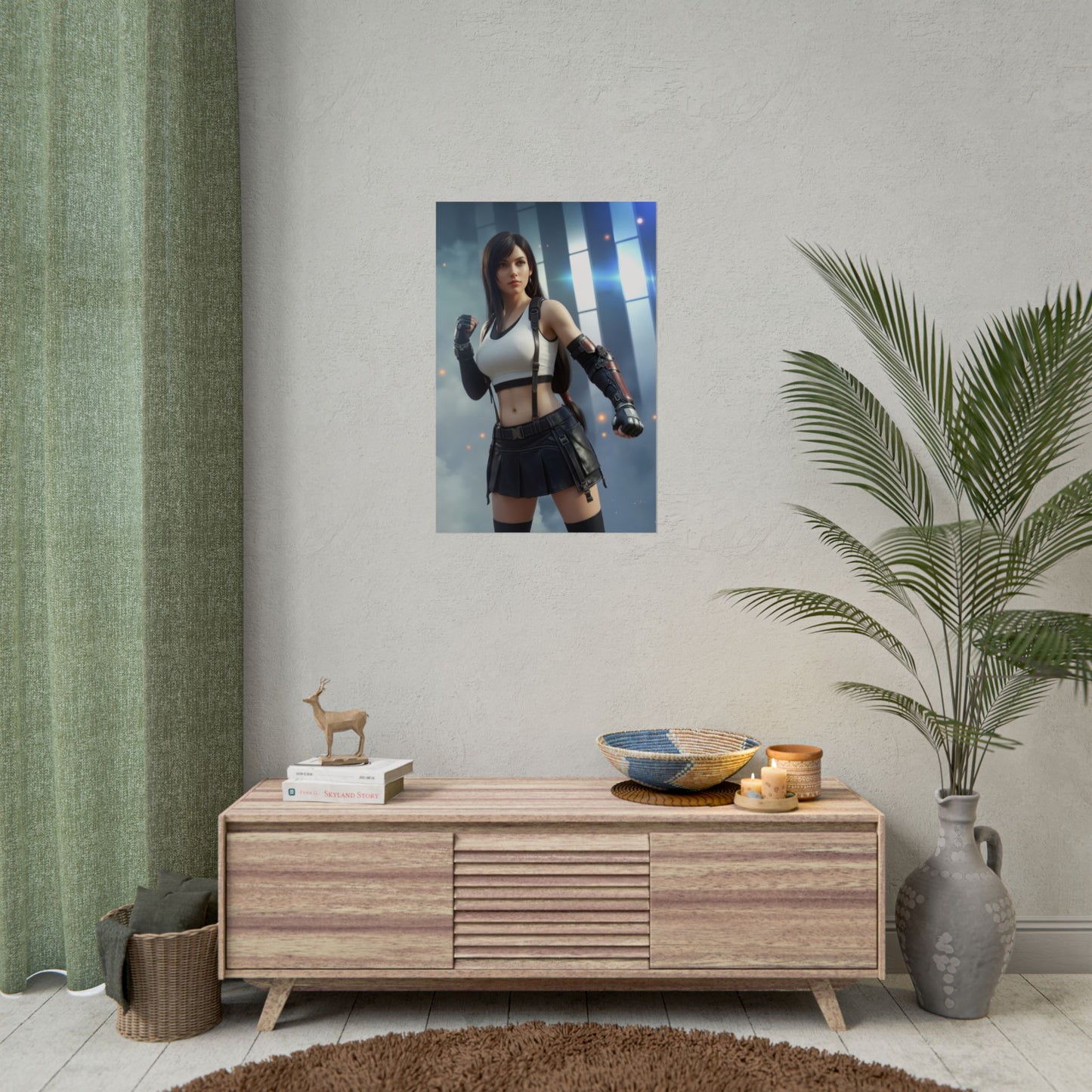 Tifa Lockhart Poster, Final Fantasy VII Art Print – Iconic RPG Heroine wall art in minimalist gamer room, framed poster above console