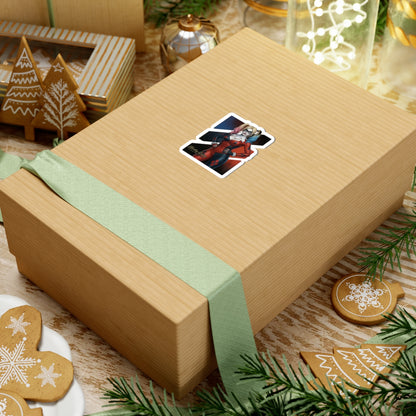 Harley Quinn Sticker – Comic Character Vinyl Sticker for Laptops & Indoor Decor on a gift-wrapped box, glossy vibrant vinyl decal applied smoothly