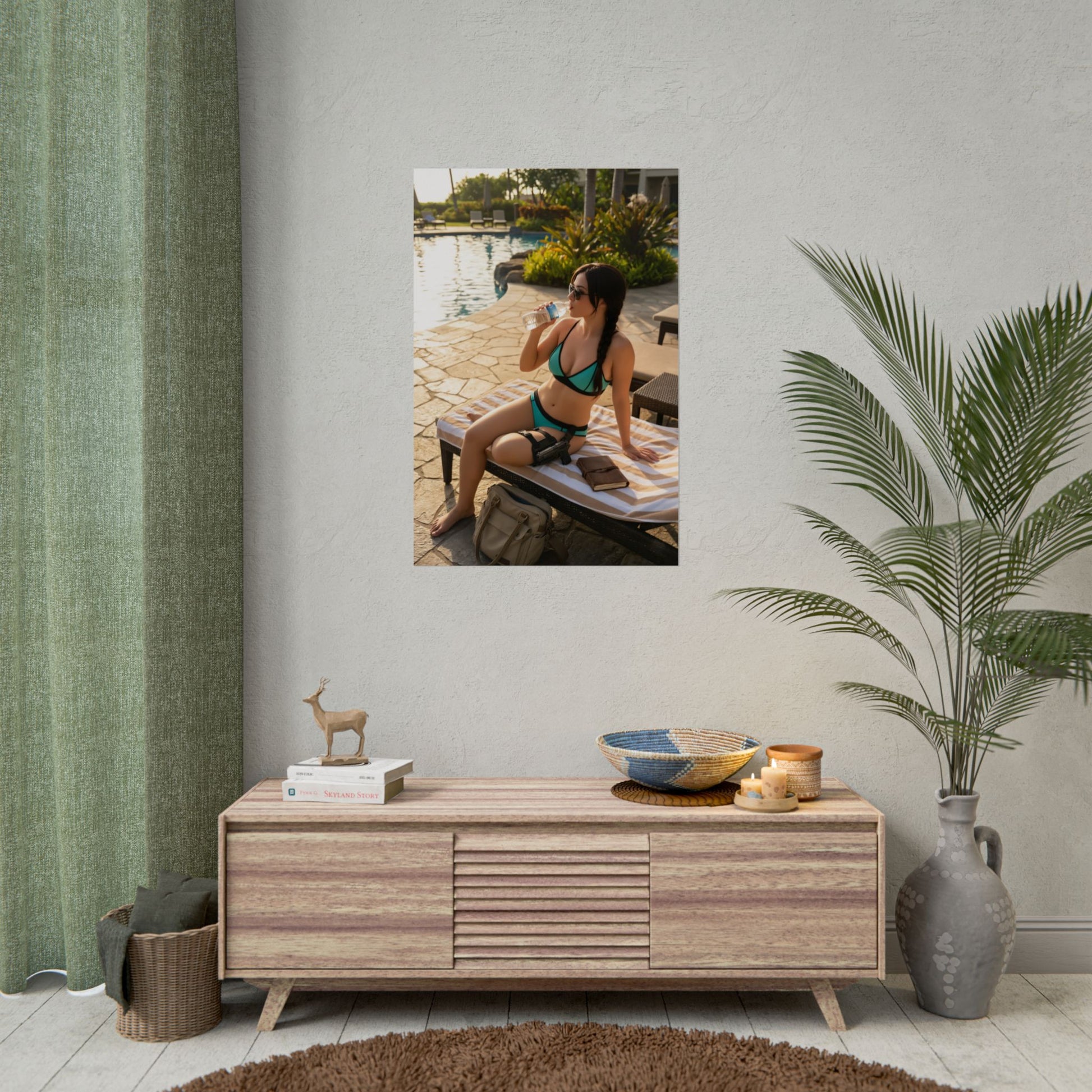 Lara Croft Poster, Tomb Raider Art Print – Iconic Adventure Heroine displayed as premium wall art over mid-century console in stylish living room