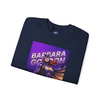 Batgirl Sweatshirt, DC Comics Crewneck, Gotham Hero Fan Apparel - navy crewneck with purple-and-gold Batgirl graphic, flowing red hair, comic-style print