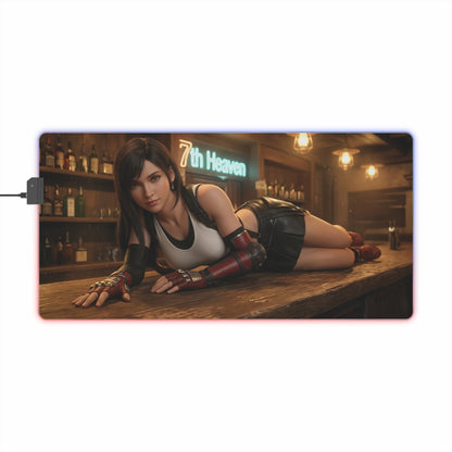 Tifa Lockhart Desk Mat – LED RGB Pad, Waifu Fighter Anime Girl Setup showing Tifa reclining on bar counter with glowing RGB edge and smooth precision-cloth surface