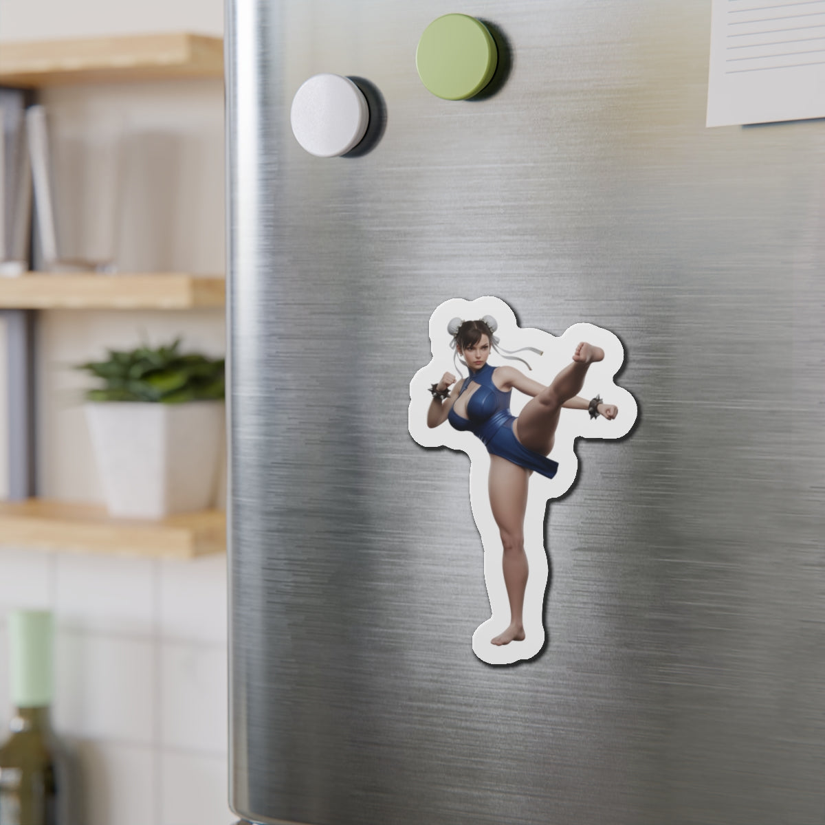 Chun-Li Magnet – Street Fighter Character Fridge Magnet, Anime Game Decor die-cut vinyl fridge magnet showing Chun-Li kicking in anime-style artwork