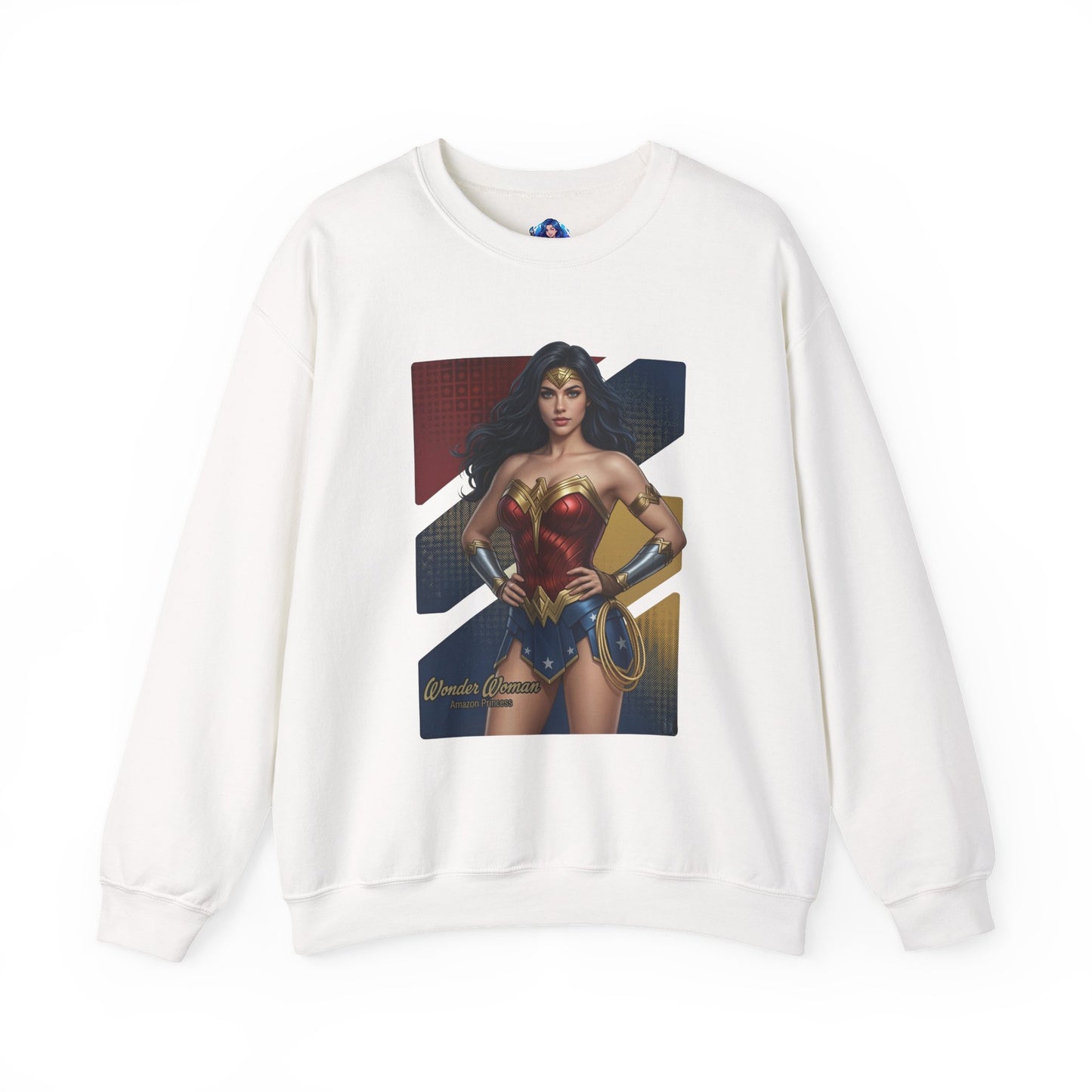 Wonder Woman Sweatshirt, DC Comics Crewneck, Legendary Superhero Apparel for Fans — white crewneck with bold Wonder Woman armor graphic