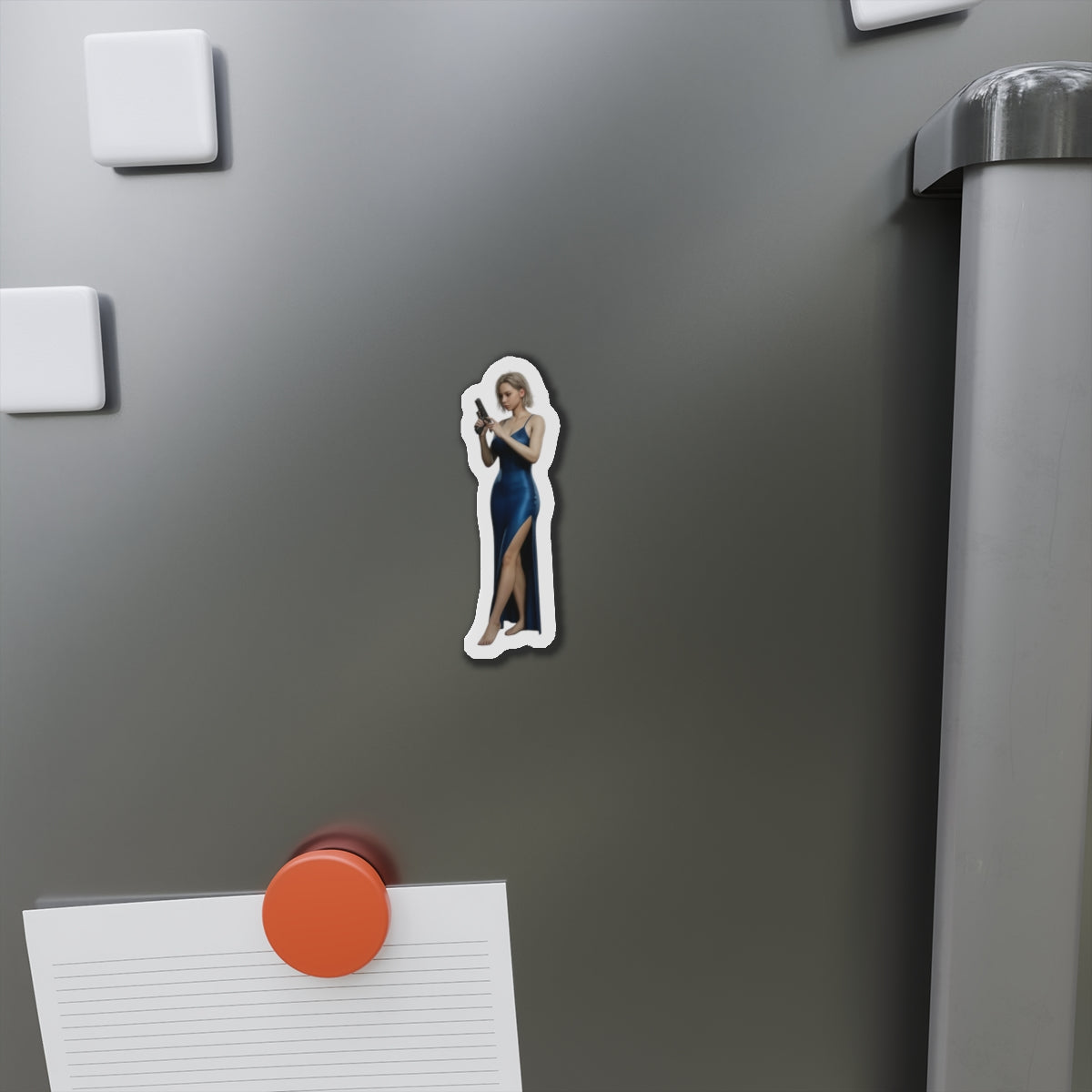 Grace Ashcroft Magnet, Resident Evil Fridge Magnet, Horror Game Decor, Gamer Gift - anime-style Grace Ashcroft vinyl fridge magnet on gray fridge