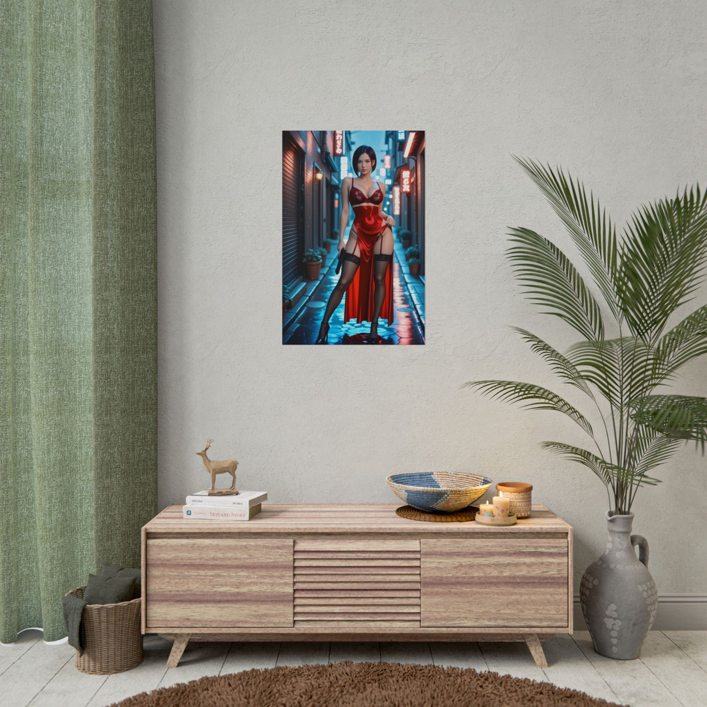 Ada Wong Poster, Anime-Mädchen im roten Kleid Kunstdruck, Waifu-Spionin Wanddeko