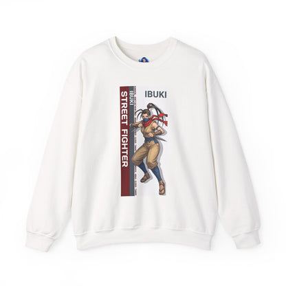 Ibuki Sweatshirt, Street Fighter Crewneck, Agile Ninja Gaming Apparel for Fans – white crewneck with Ibuki artwork and vertical Street Fighter panel
