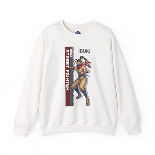 Ibuki Sweatshirt, Street Fighter Crewneck, Agile Ninja Gaming Apparel for Fans – white crewneck with Ibuki artwork and vertical Street Fighter panel