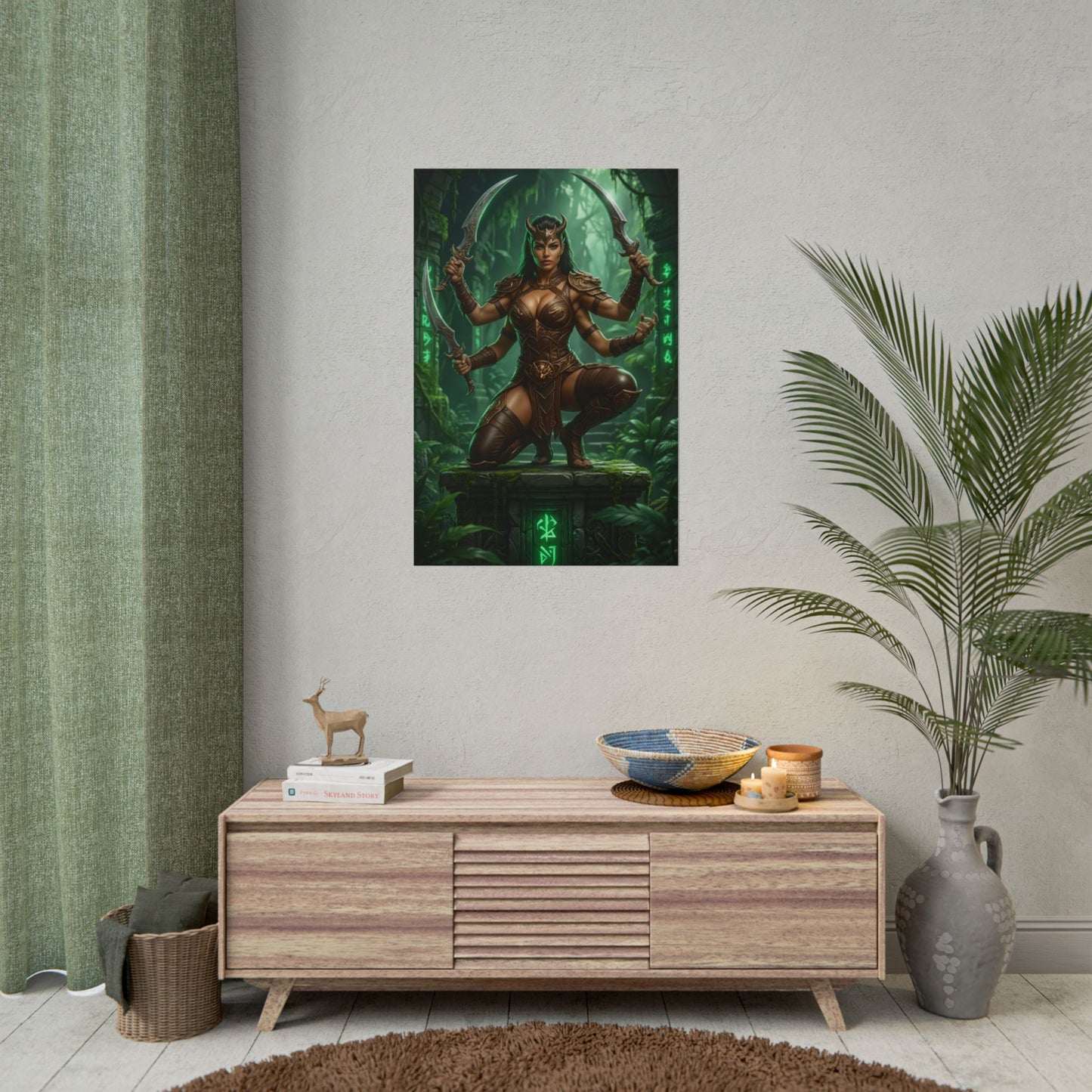 Sheeva Mortal Kombat Poster – Powerful Shokan Warrior Wall Art Decor on textured wall above media console in modern living room