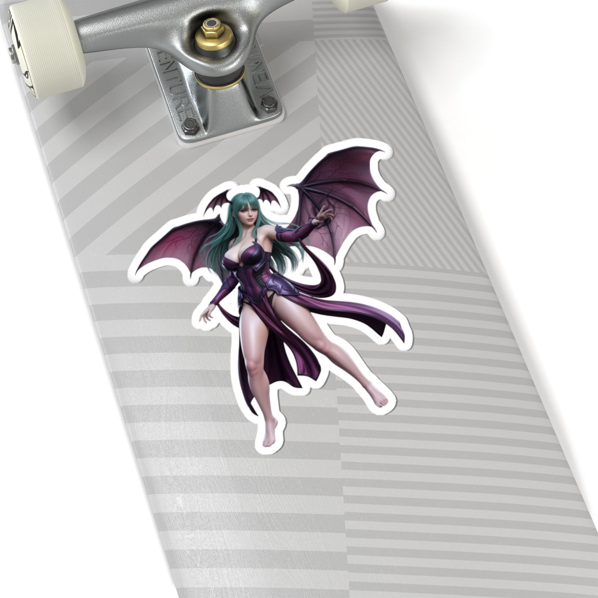 Morrigan Aensland Sticker – Darkstalkers Vinyl Sticker for Laptops & Indoor Decor showing glossy vinyl character decal on skateboard