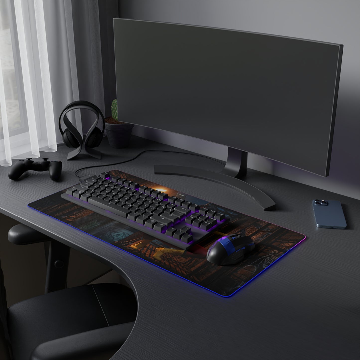 Spider-Woman Desk Mat – LED RGB Pad, Waifu Hero Anime Girl Setup on minimalist gaming desk with keyboard, RGB lighting and mouse