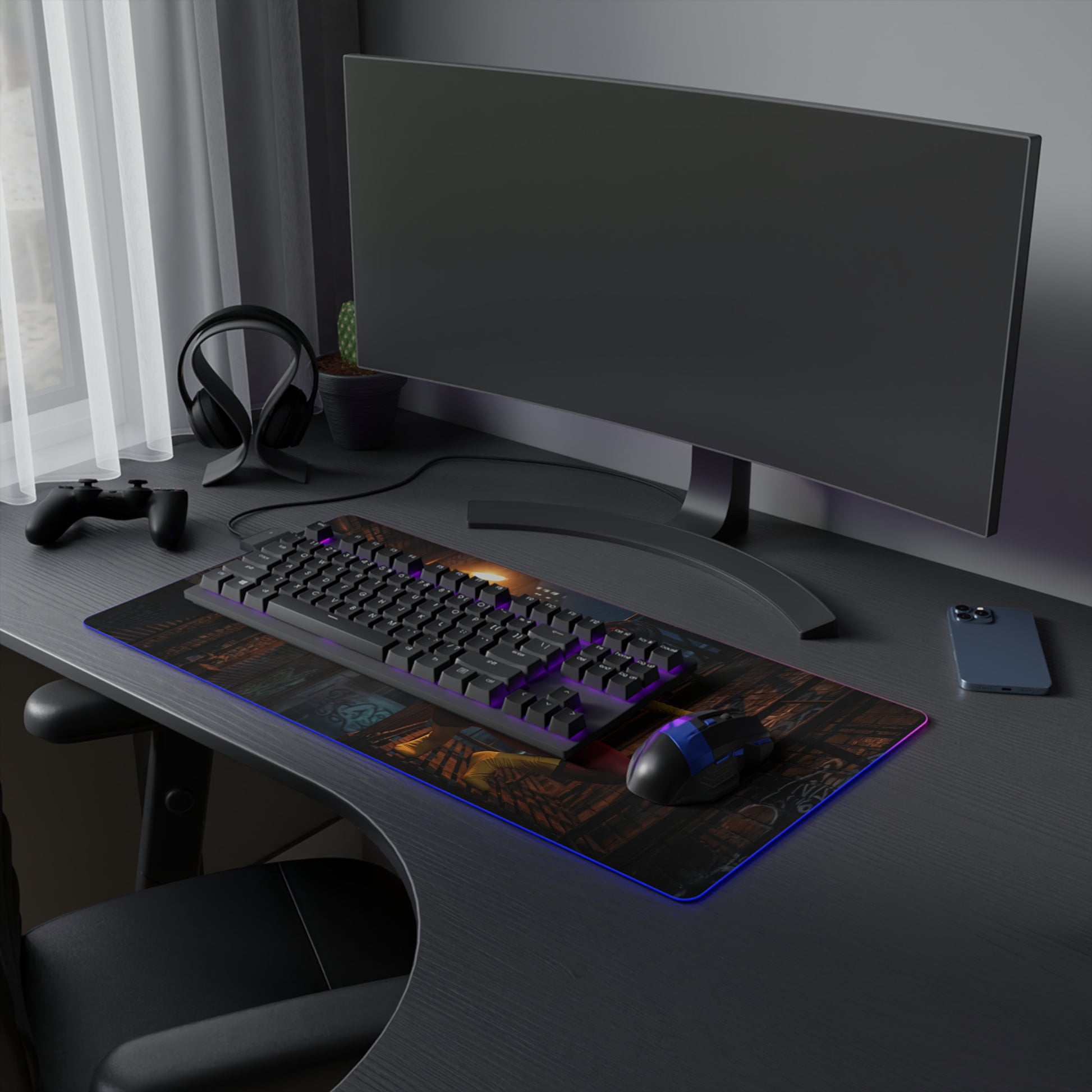 Spider-Woman Desk Mat – LED RGB Pad, Waifu Hero Anime Girl Setup on minimalist gaming desk with keyboard, RGB lighting and mouse