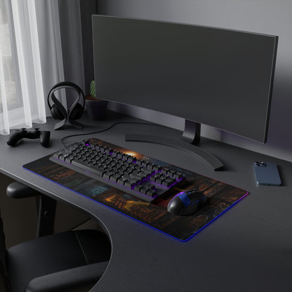 Spider-Woman Desk Mat – LED RGB Pad, Waifu Hero Anime Girl Setup on minimalist gaming desk with keyboard, RGB lighting and mouse